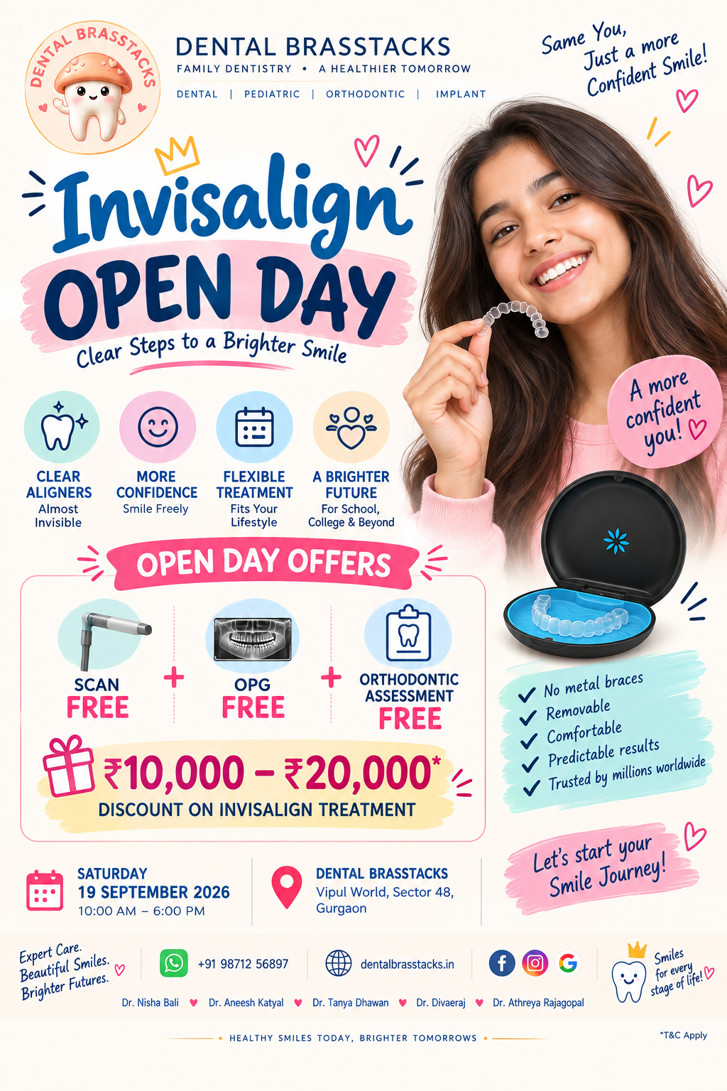 Invisalign Open Day poster — Saturday 19 September 2026, 10 AM to 6 PM at Dental Brasstacks, Vipul World, Sector 48, Gurgaon. Free scan, free OPG and free orthodontic assessment with ₹10,000–₹20,000 discount on Invisalign treatment.