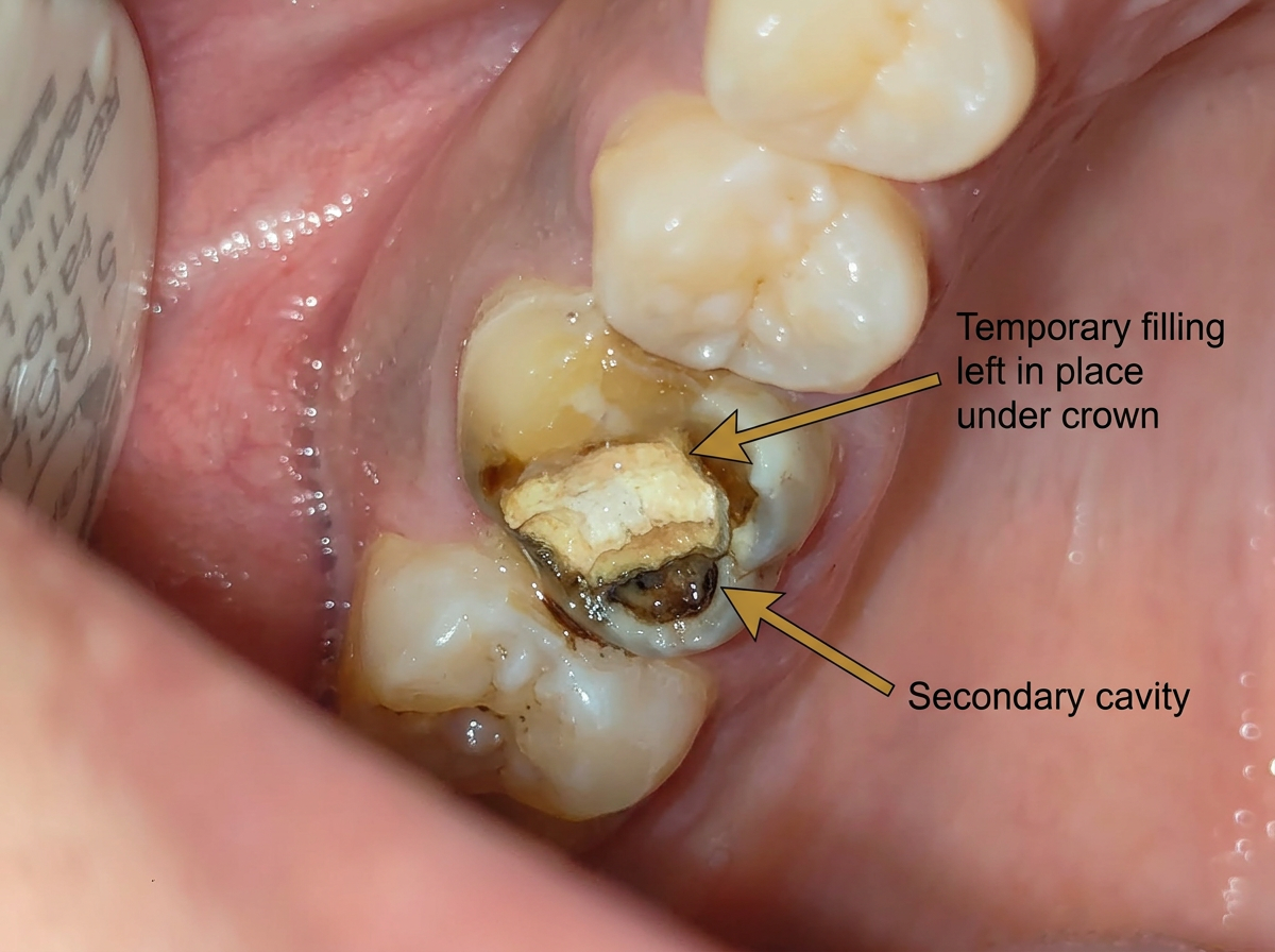 Intra-oral clinical photograph showing temporary filling left under a permanent crown with secondary cavity, gold arrows labelling each finding.