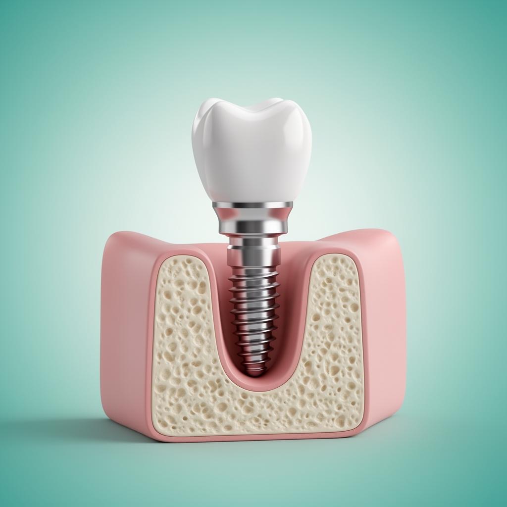 Cross-section showing a titanium dental implant integrated with jawbone and ceramic crown