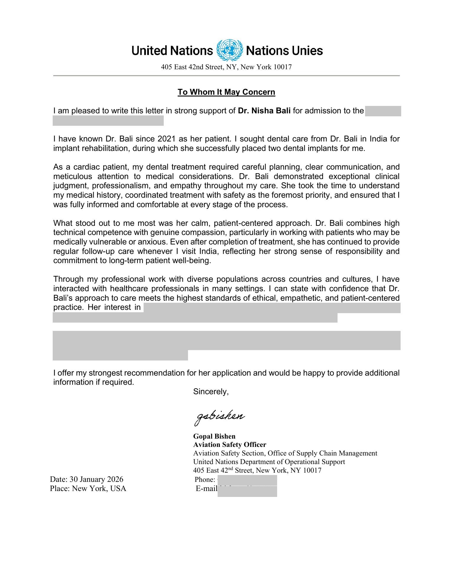 Signed Letter of Recommendation for Dr. Nisha Bali from Gopal Bishen, Aviation Safety Officer, United Nations, New York — dated 30 January 2026